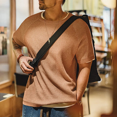 Vintage orange knit T-shirt for men's loose fit summer street style.